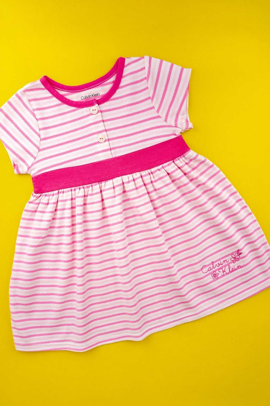 Calvin Klein - Pink and White Striped Stretch Frock Dress - MixMax
