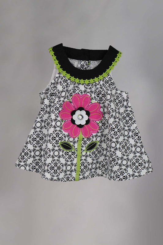 Kids HQ - Pink 3d Floral Frock with Polka Dot Leggings