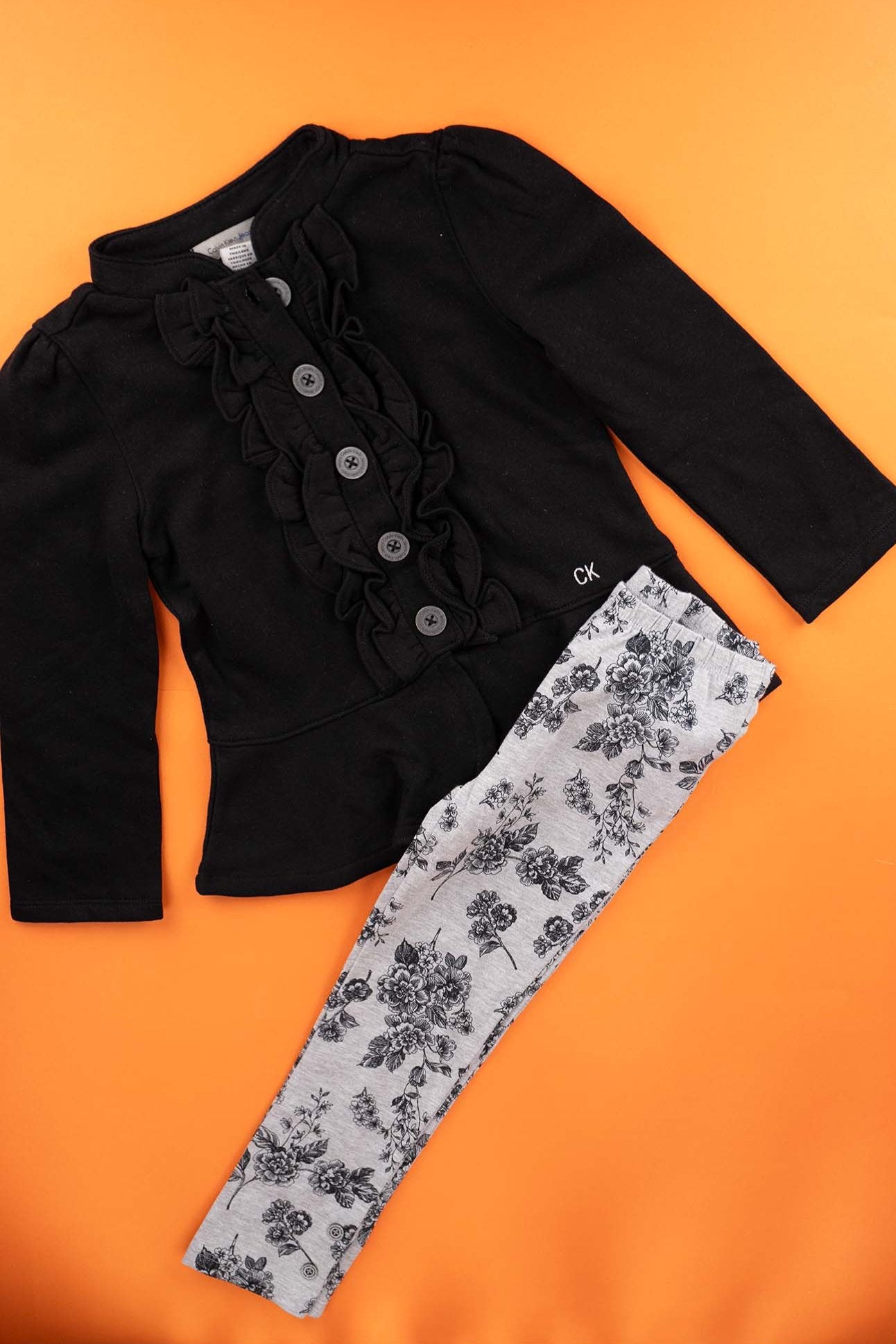 Calvin Klein - Black Frill Coat Set with Floral Leggings - MixMax