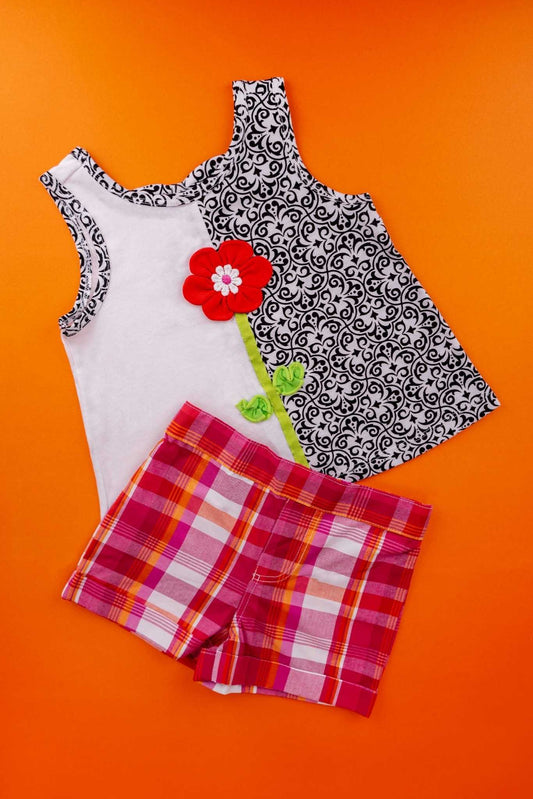 Kids HQ - 3d Flower Set (Pink Checkered Shorts) - MixMax