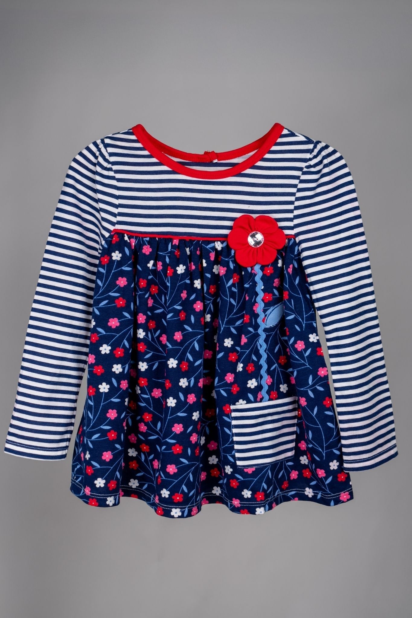 Kids HQ - Blue and White Striped Floral Frock Set - MixMax