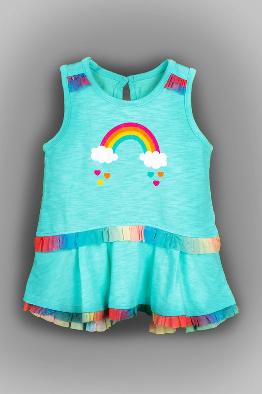 Kids HQ - Cyan Rainbow Frock with Red Leggings - MixMax