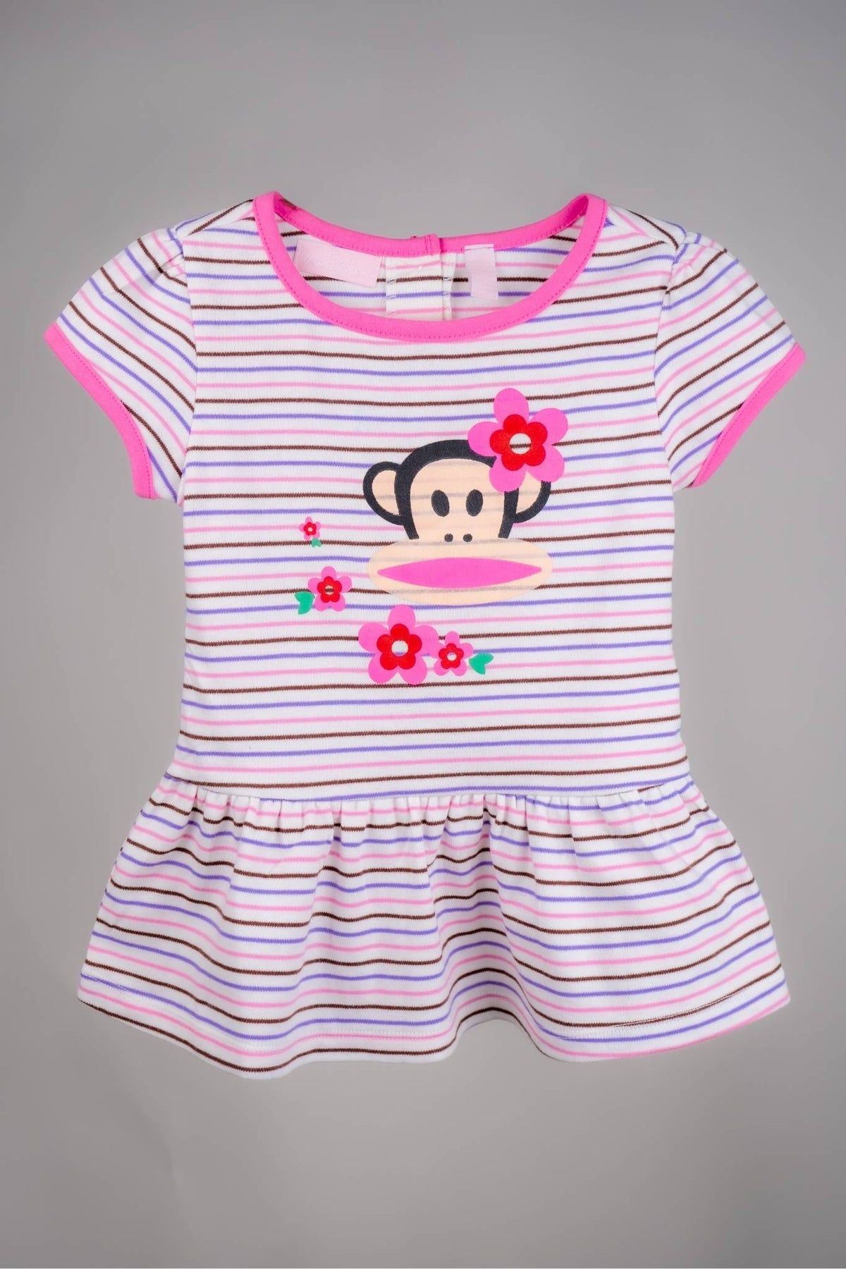 Kids HQ - Floral Monkey Striped Pink Frock - MixMax